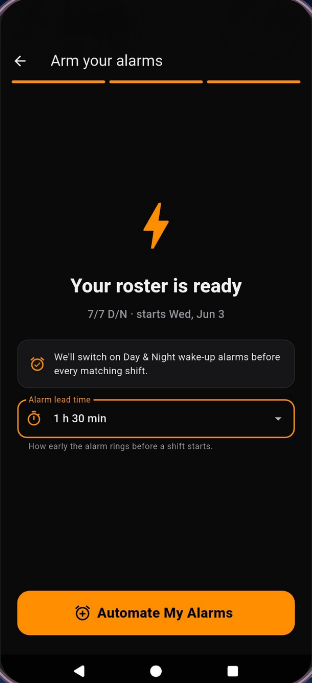 Rostrik alarm setup screen with a one hour thirty minute lead time