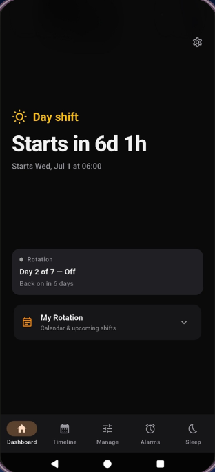 Rostrik dashboard showing the next day shift starting in 6 days and 1 hour