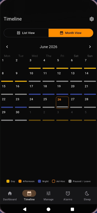 Rostrik month timeline with colour-coded day, afternoon and night shifts